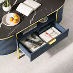 Tavolino ovale da caffè con cassetto contenitore – Blu/Marrone, piano effetto marmo, gambe dorate