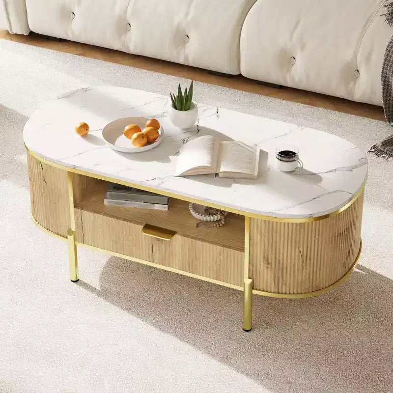 Tavolino ovale da caffè con cassetto contenitore – Blu/Marrone, piano effetto marmo, gambe dorate