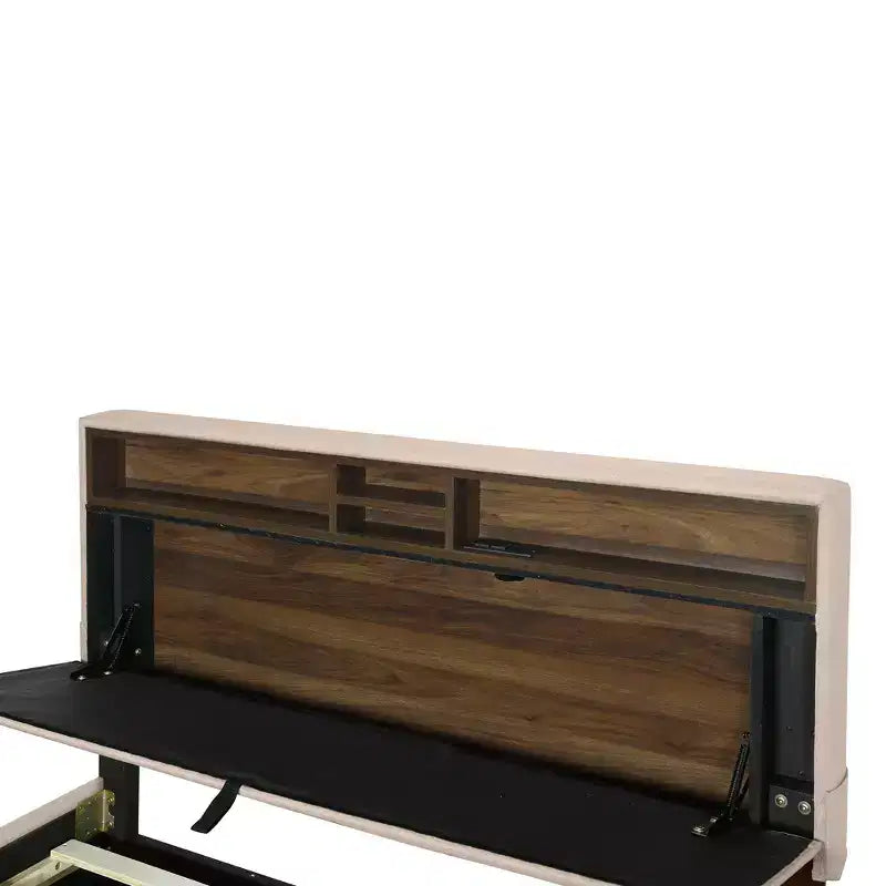 Letto a piattaforma in lino beige/grigio full/queen con testiera portaoggetti, letto estraibile, 2 cassetti e porte USB