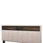 Letto a piattaforma in lino beige/grigio full/queen con testiera portaoggetti, letto estraibile, 2 cassetti e porte USB