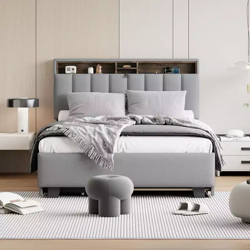 Letto a piattaforma in lino beige/grigio full/queen con testiera portaoggetti, letto estraibile, 2 cassetti e porte USB