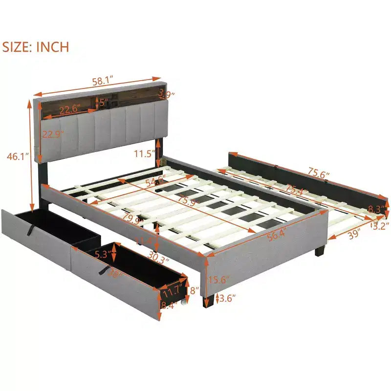 Letto a piattaforma in lino beige/grigio full/queen con testiera portaoggetti, letto estraibile, 2 cassetti e porte USB
