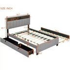 Letto a piattaforma in lino beige/grigio full/queen con testiera portaoggetti, letto estraibile, 2 cassetti e porte USB