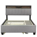 Letto a piattaforma in lino beige/grigio full/queen con testiera portaoggetti, letto estraibile, 2 cassetti e porte USB