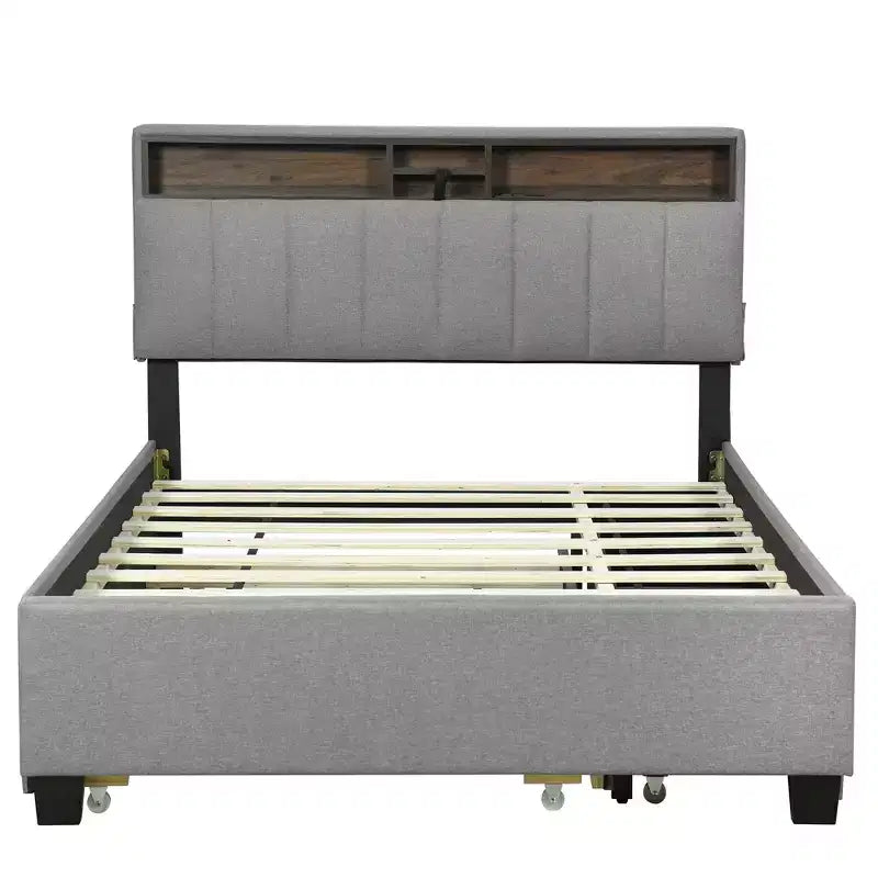 Letto a piattaforma in lino beige/grigio full/queen con testiera portaoggetti, letto estraibile, 2 cassetti e porte USB