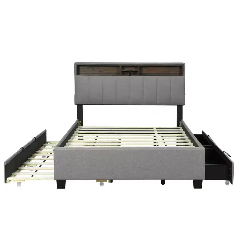 Letto a piattaforma in lino beige/grigio full/queen con testiera portaoggetti, letto estraibile, 2 cassetti e porte USB