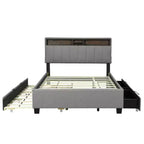 Letto a piattaforma in lino beige/grigio full/queen con testiera portaoggetti, letto estraibile, 2 cassetti e porte USB