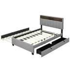 Letto a piattaforma in lino beige/grigio full/queen con testiera portaoggetti, letto estraibile, 2 cassetti e porte USB