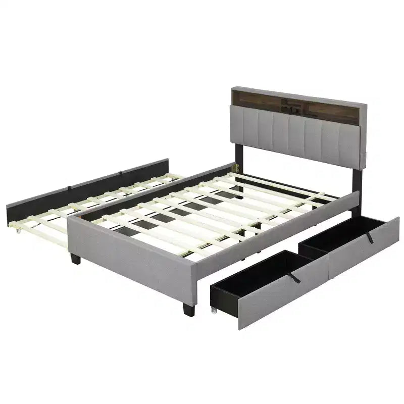 Letto a piattaforma in lino beige/grigio full/queen con testiera portaoggetti, letto estraibile, 2 cassetti e porte USB