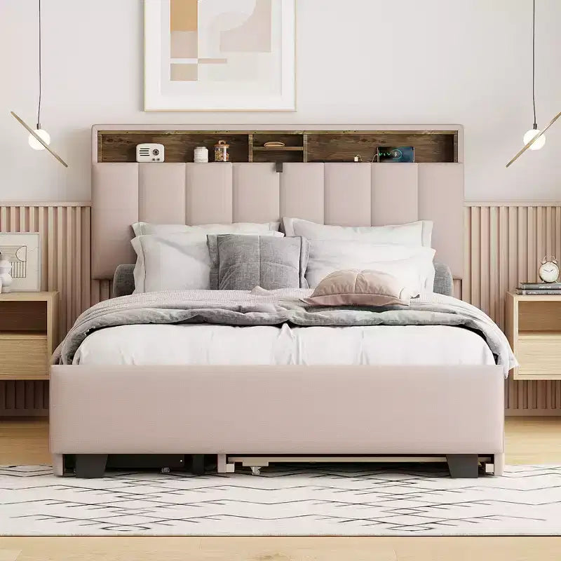 Letto a piattaforma in lino beige/grigio full/queen con testiera portaoggetti, letto estraibile, 2 cassetti e porte USB