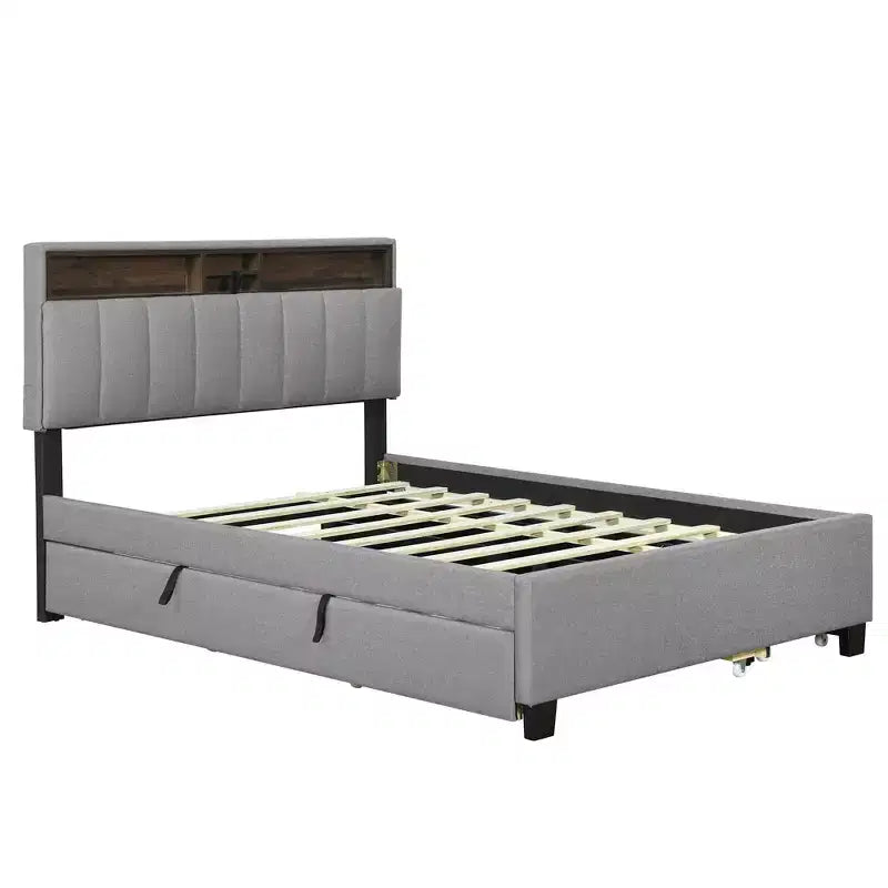 Letto a piattaforma in lino beige/grigio full/queen con testiera portaoggetti, letto estraibile, 2 cassetti e porte USB