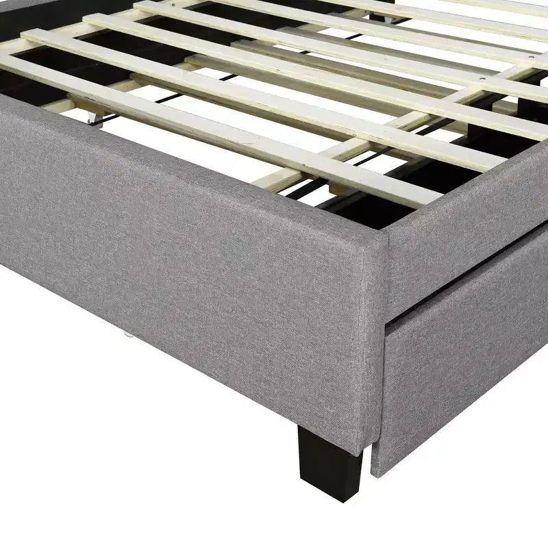Letto a piattaforma in lino beige/grigio full/queen con testiera portaoggetti, letto estraibile, 2 cassetti e porte USB