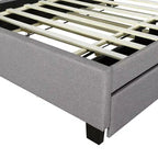 Letto a piattaforma in lino beige/grigio full/queen con testiera portaoggetti, letto estraibile, 2 cassetti e porte USB
