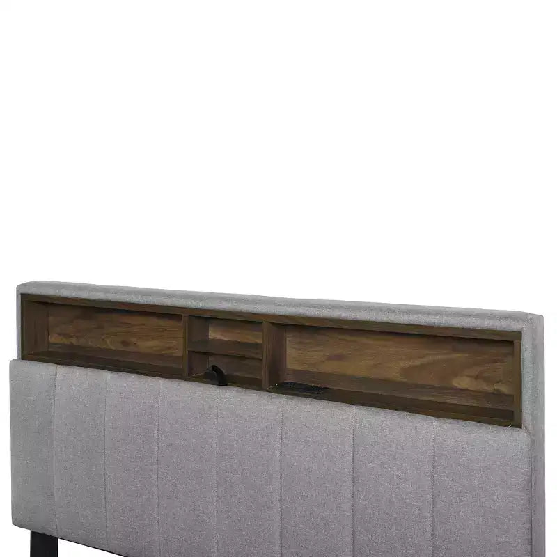 Letto a piattaforma in lino beige/grigio full/queen con testiera portaoggetti, letto estraibile, 2 cassetti e porte USB