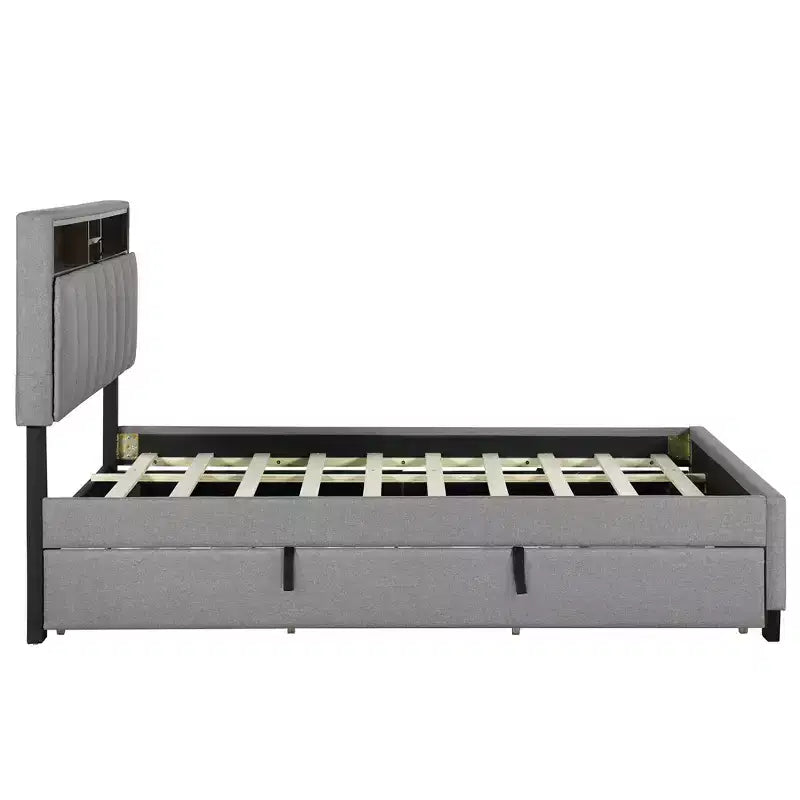 Letto a piattaforma in lino beige/grigio full/queen con testiera portaoggetti, letto estraibile, 2 cassetti e porte USB