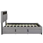 Letto a piattaforma in lino beige/grigio full/queen con testiera portaoggetti, letto estraibile, 2 cassetti e porte USB