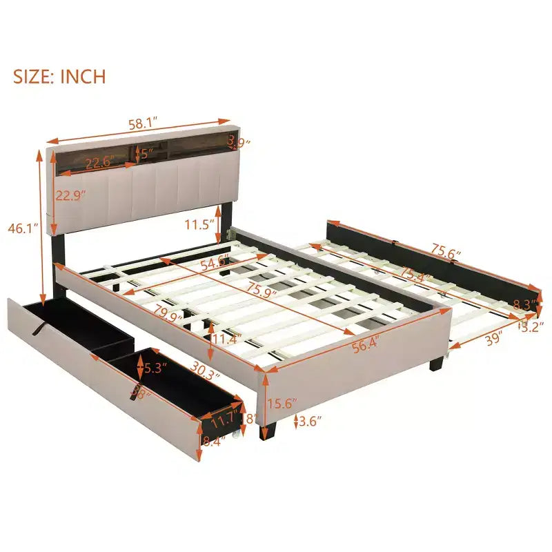 Letto a piattaforma in lino beige/grigio full/queen con testiera portaoggetti, letto estraibile, 2 cassetti e porte USB