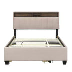 Letto a piattaforma in lino beige/grigio full/queen con testiera portaoggetti, letto estraibile, 2 cassetti e porte USB