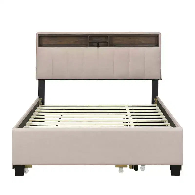 Letto a piattaforma in lino beige/grigio full/queen con testiera portaoggetti, letto estraibile, 2 cassetti e porte USB