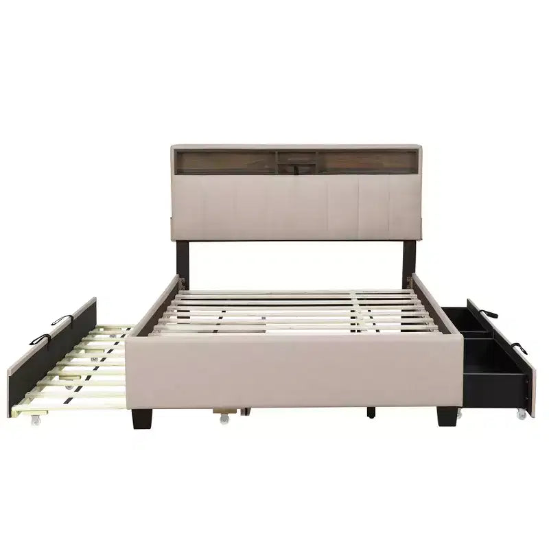 Letto a piattaforma in lino beige/grigio full/queen con testiera portaoggetti, letto estraibile, 2 cassetti e porte USB