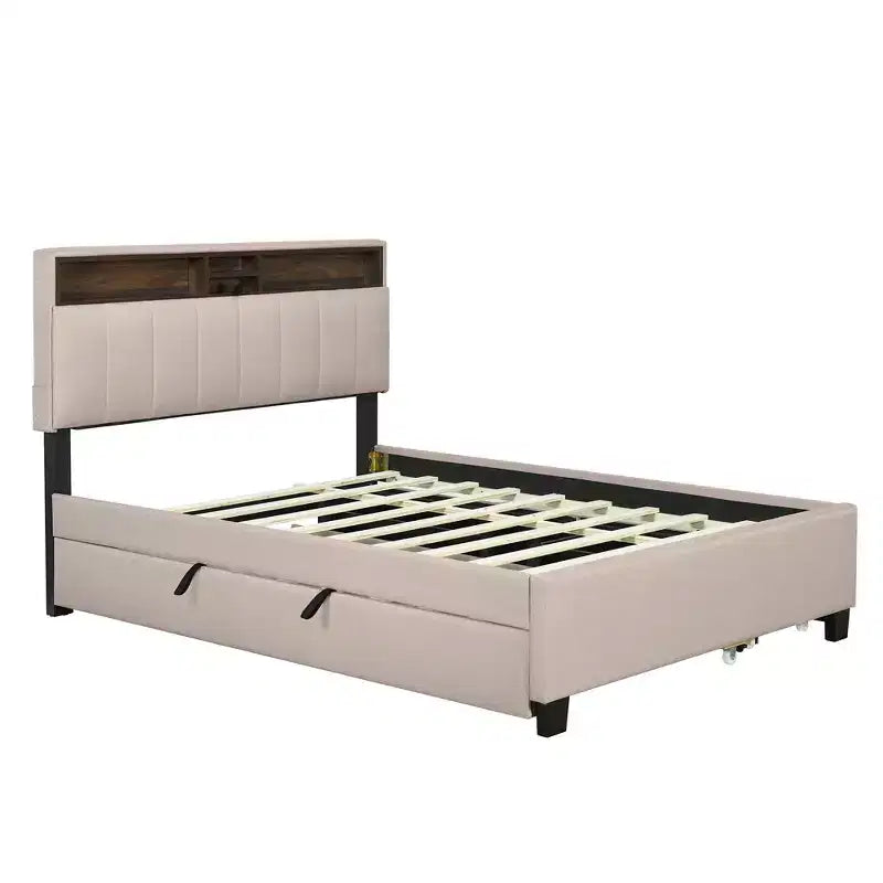 Letto a piattaforma in lino beige/grigio full/queen con testiera portaoggetti, letto estraibile, 2 cassetti e porte USB