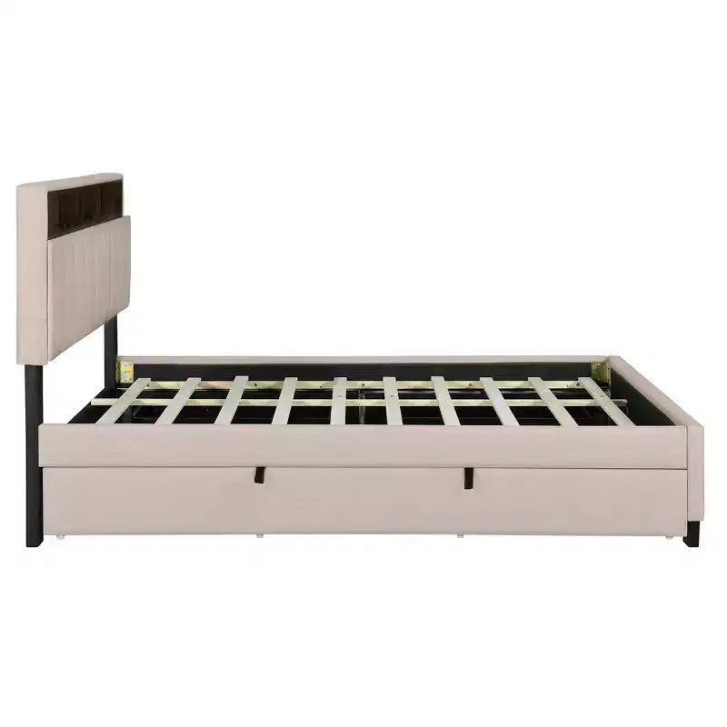 Letto a piattaforma in lino beige/grigio full/queen con testiera portaoggetti, letto estraibile, 2 cassetti e porte USB