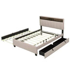 Letto a piattaforma in lino beige/grigio full/queen con testiera portaoggetti, letto estraibile, 2 cassetti e porte USB