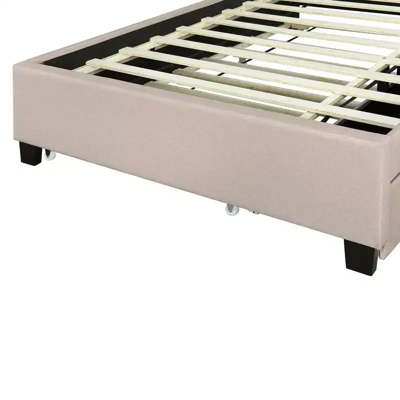 Letto a piattaforma in lino beige/grigio full/queen con testiera portaoggetti, letto estraibile, 2 cassetti e porte USB