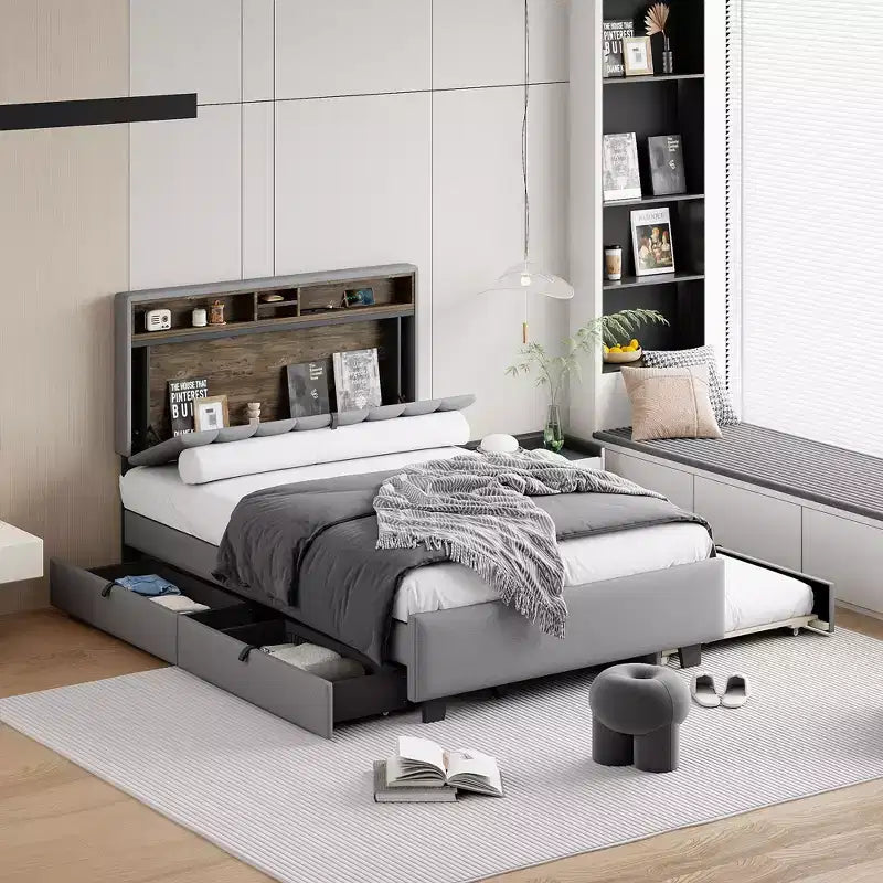 Letto a piattaforma in lino beige/grigio full/queen con testiera portaoggetti, letto estraibile, 2 cassetti e porte USB
