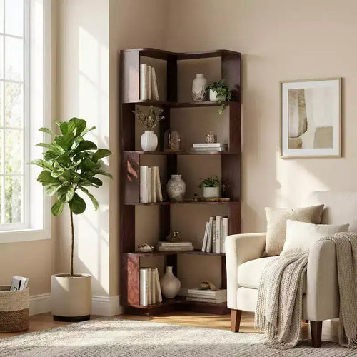 Homy Casa 6-Tier Engineered Wood Corner Bookshelf with Space-Saving Corner Design for Living Room, Bedroom & Office