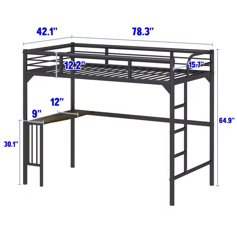 Letto a soppalco singolo in metallo nero con scrivania
