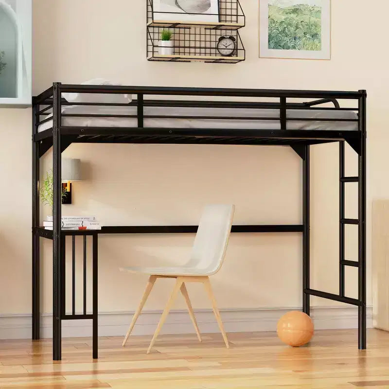 Letto a soppalco singolo in metallo nero con scrivania