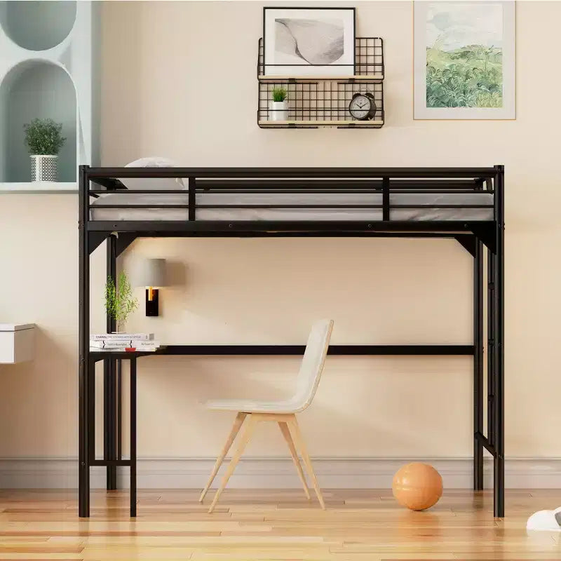 Letto a soppalco singolo in metallo nero con scrivania