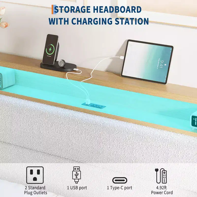 Struttura letto imbottita Pure White / Off White con piattaforma, LED RGB e testiera contenitore – Completa (1 persona) / Queen (2 persone)
