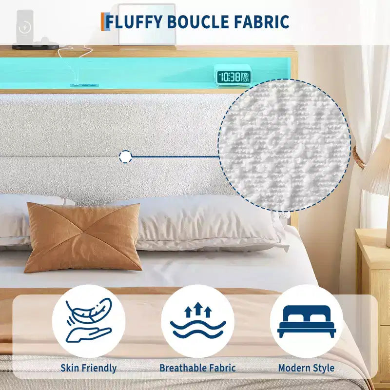Struttura letto imbottita Pure White / Off White con piattaforma, LED RGB e testiera contenitore – Completa (1 persona) / Queen (2 persone)