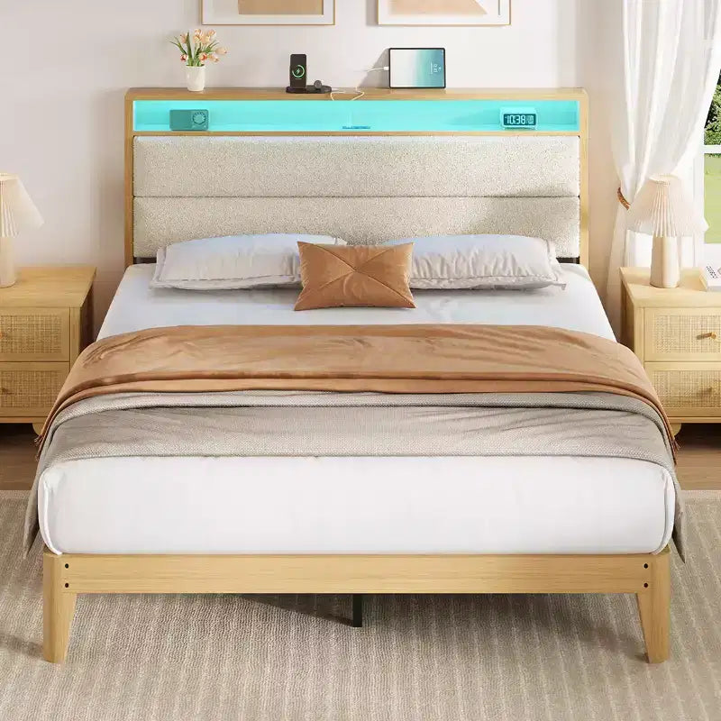 Struttura letto imbottita Pure White / Off White con piattaforma, LED RGB e testiera contenitore – Completa (1 persona) / Queen (2 persone)