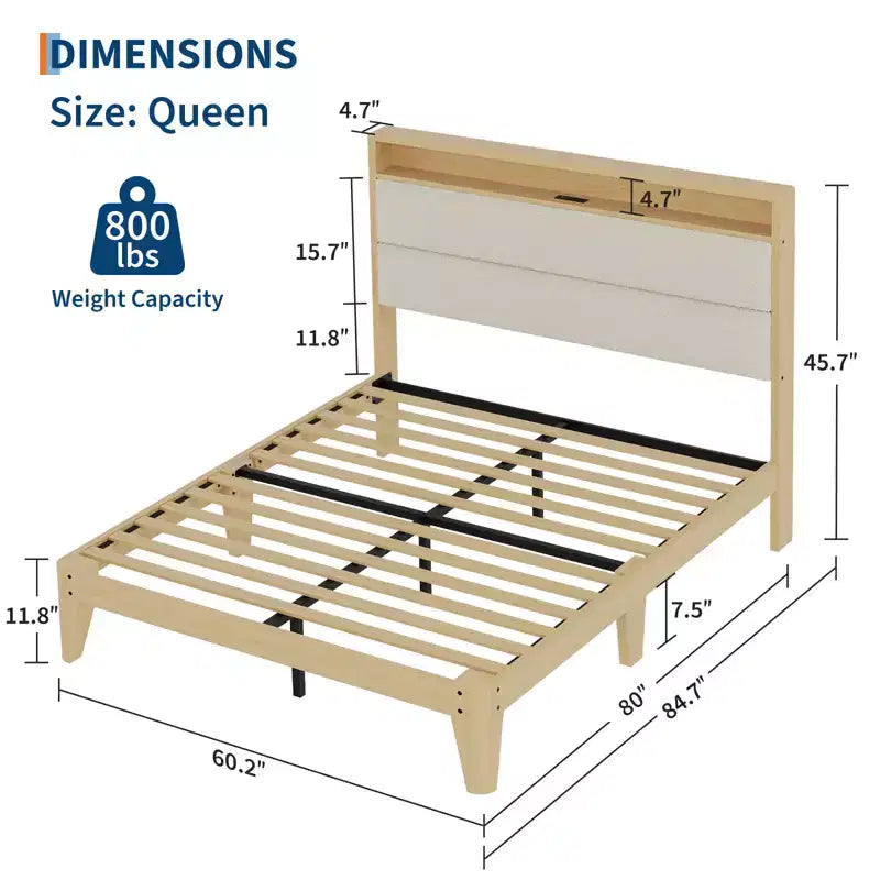Struttura letto imbottita Pure White / Off White con piattaforma, LED RGB e testiera contenitore – Completa (1 persona) / Queen (2 persone)