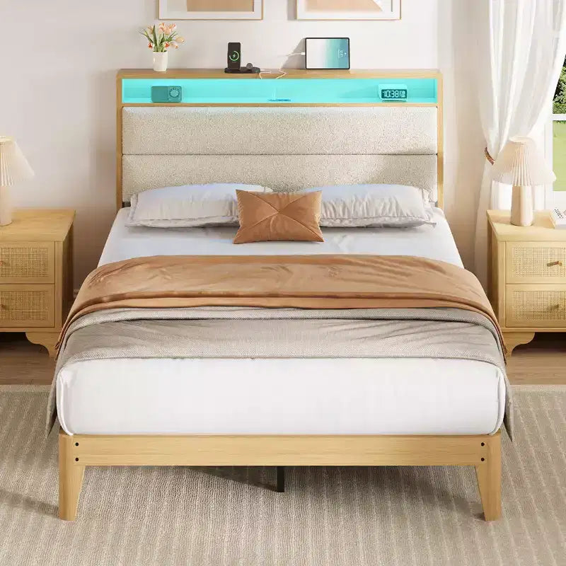 Struttura letto imbottita Pure White / Off White con piattaforma, LED RGB e testiera contenitore – Completa (1 persona) / Queen (2 persone)