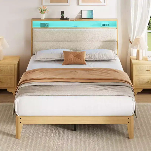 Struttura letto imbottita Pure White / Off White con piattaforma, LED RGB e testiera contenitore – Completa (1 persona) / Queen (2 persone)