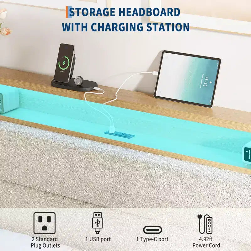 Struttura letto imbottita Pure White / Off White con piattaforma, LED RGB e testiera contenitore – Completa (1 persona) / Queen (2 persone)