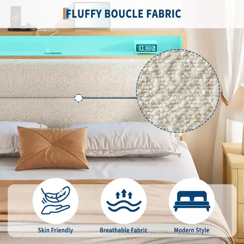 Struttura letto imbottita Pure White / Off White con piattaforma, LED RGB e testiera contenitore – Completa (1 persona) / Queen (2 persone)