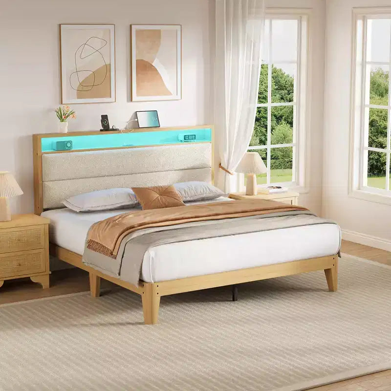 Struttura letto imbottita Pure White / Off White con piattaforma, LED RGB e testiera contenitore – Completa (1 persona) / Queen (2 persone)