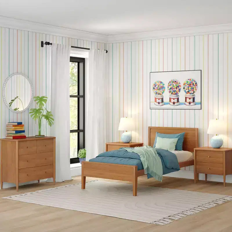 Comodino per bambini a 2 cassetti | Biondo / Noce Pecan | Stile Mid-Century | Per 1 bambino