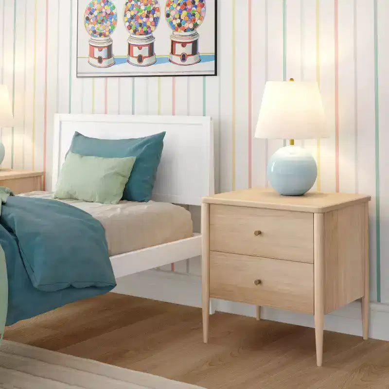 Comodino per bambini a 2 cassetti | Biondo / Noce Pecan | Stile Mid-Century | Per 1 bambino