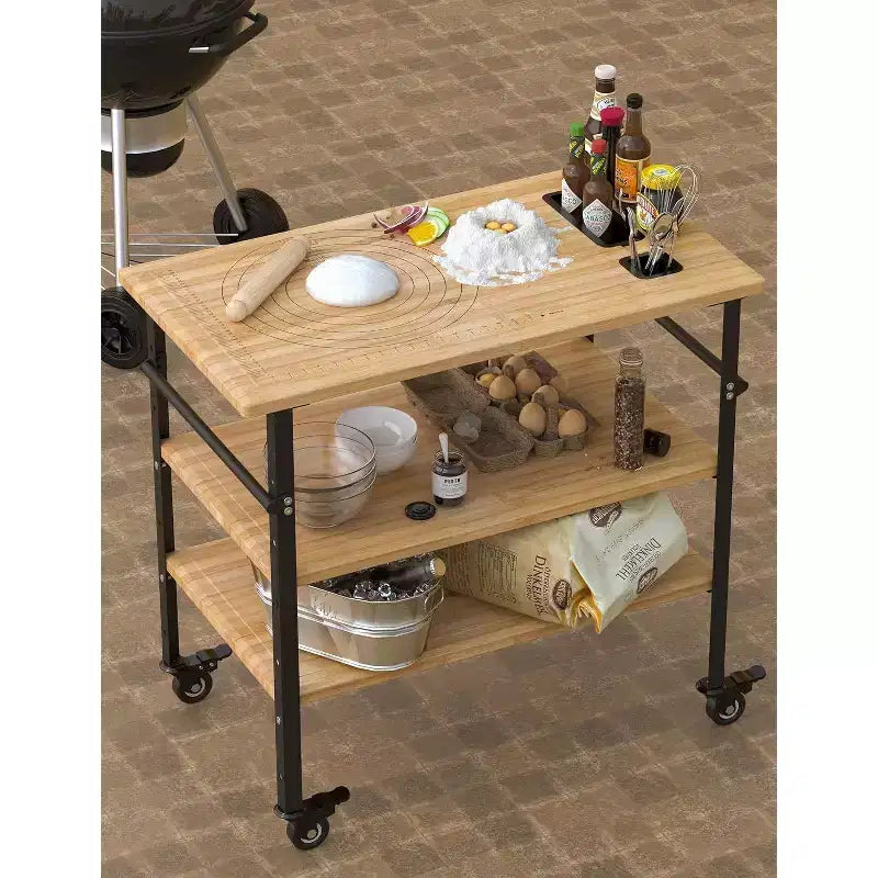 Carrello da cucina per pizza in bambù naturale, 3 ripiani, 4 ruote bloccabili – Utente singolo