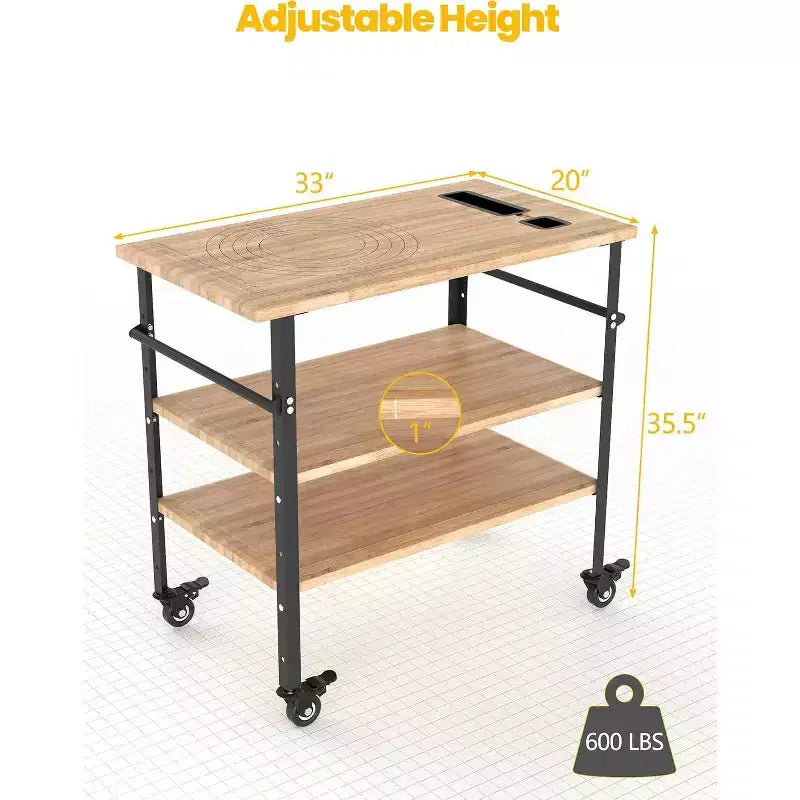 Carrello da cucina per pizza in bambù naturale, 3 ripiani, 4 ruote bloccabili – Utente singolo