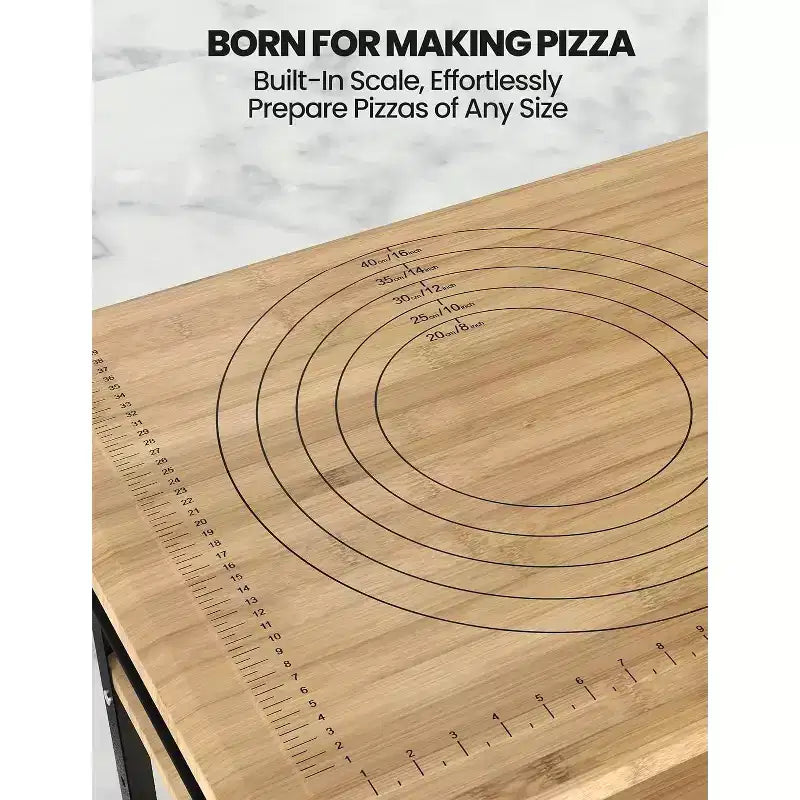 Carrello da cucina per pizza in bambù naturale, 3 ripiani, 4 ruote bloccabili – Utente singolo