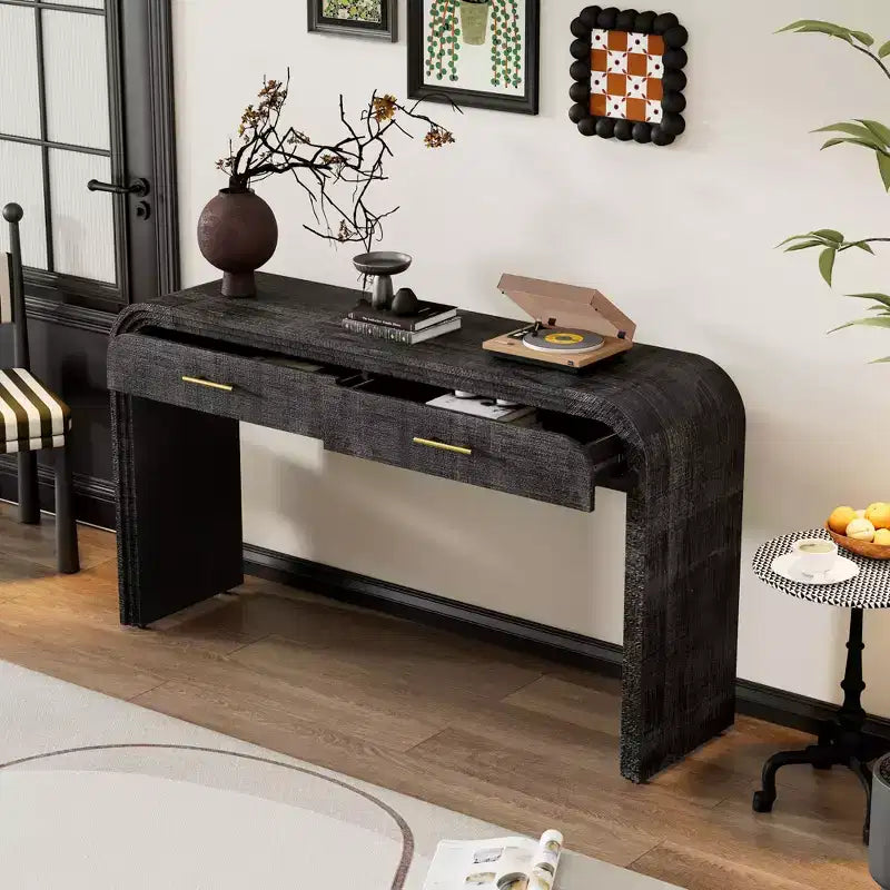 Console in radica con cassetti — Nero antico / Nero / Naturale — Tavolo da ingresso e corridoio per 1 persona