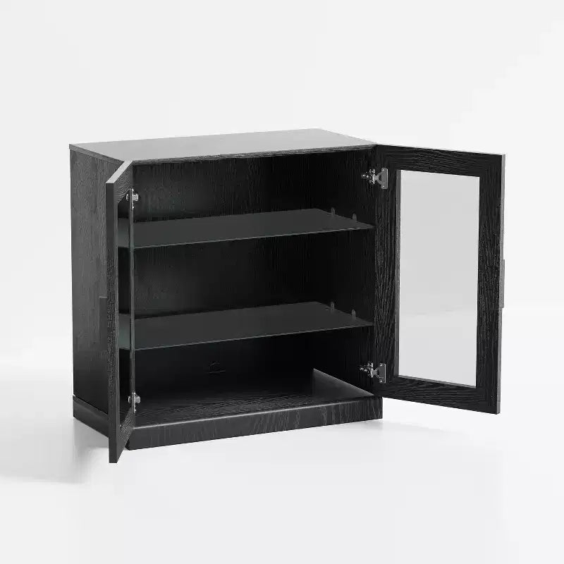 Mobile contenitore nero in legno con ante in vetro, 2 ripiani, per 1