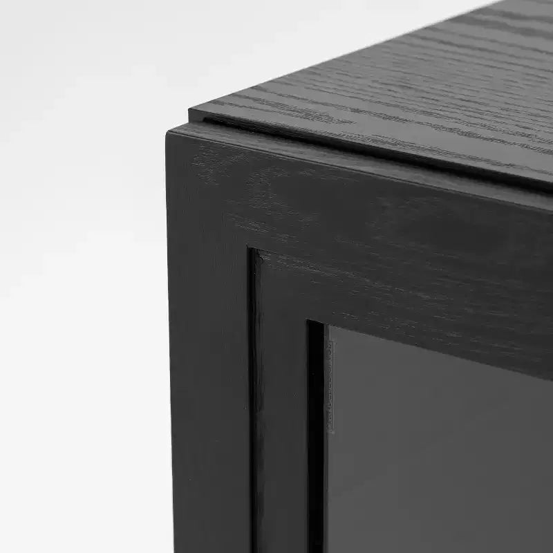 Mobile contenitore nero in legno con ante in vetro, 2 ripiani, per 1